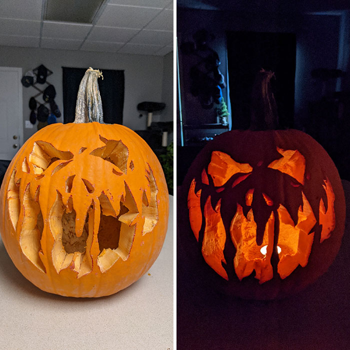 I'm 33 Years Old And Third Time Ever Carving A Pumpkin In My Entire Life. Was Ambitious, Very Happy With It