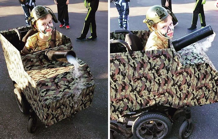 We Did The Best Halloween Costume For Killian's Wheelchair. He Wanted To Be An Army Guy With A Tank. So We Engineered A Wooden Box, Some Pipe And Added Dry Ice