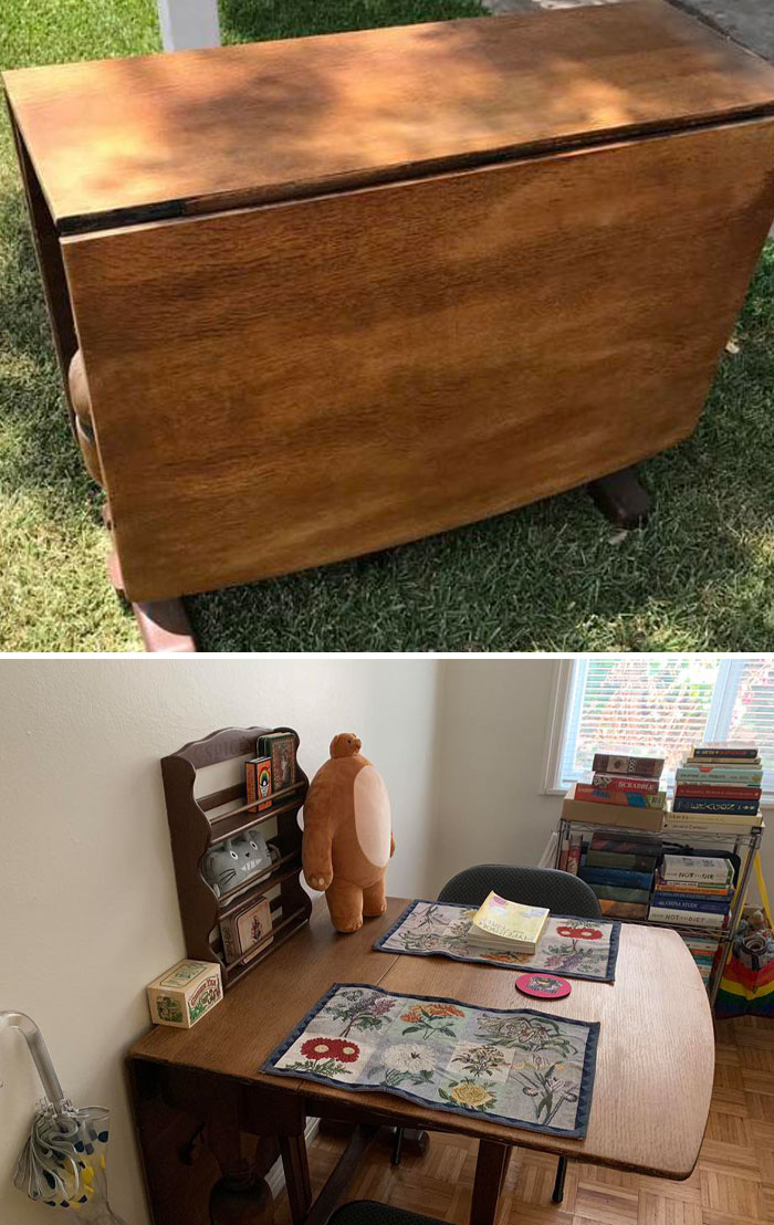 Después de no tener mesa durante 2 semanas, este encantador hallazgo vintage fue increíble. La mesa de dos hojas es perfecta para nuestro pequeño espacio