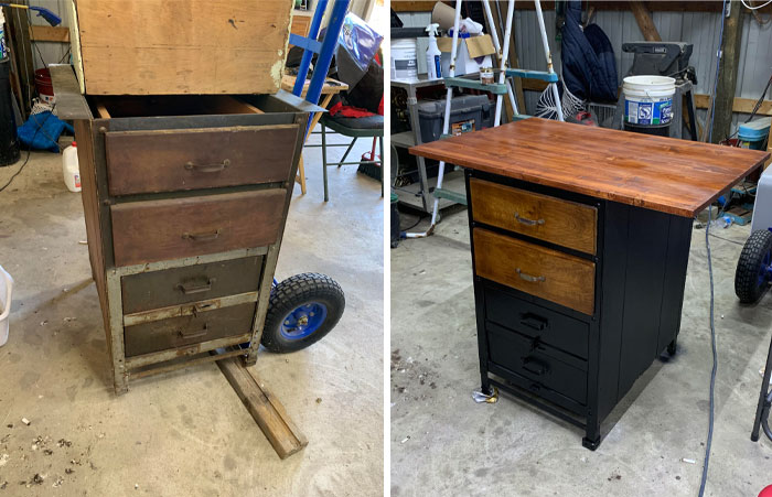 Found A Rusty Cabinet With A Free Sign On It Down The Road. Cleaned It Up, Painted, Put A Top On It, And Now It’ll Be My Kitchen Island For My New House