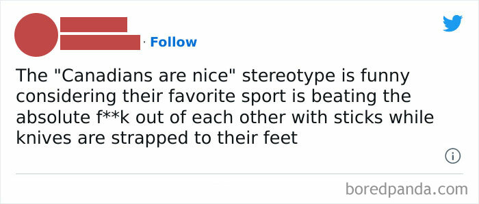 Meme humorously depicts Canadian stereotypes and hockey culture.