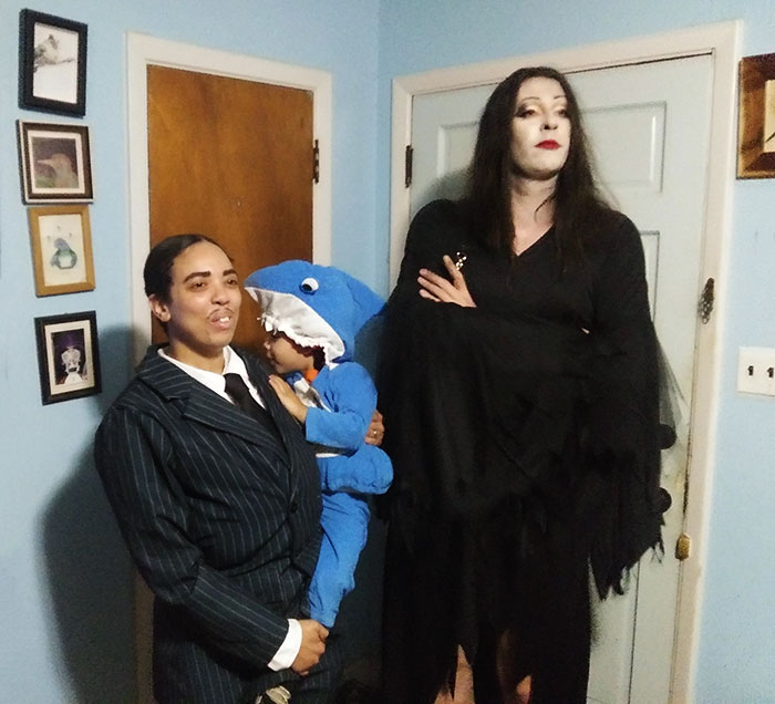 Family Halloween Costume From This Year. I'm Sure The Addams Family Has A Shark Somewhere In Their House. Also Turns Out I Am Both Beautiful And Terrifying In Heels