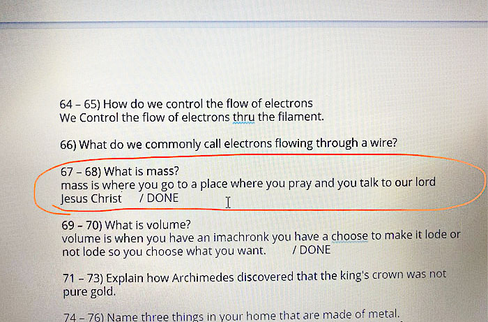 What Is Mass? My Nephew's Response To An Online Exam Question. My Family Is Catholic