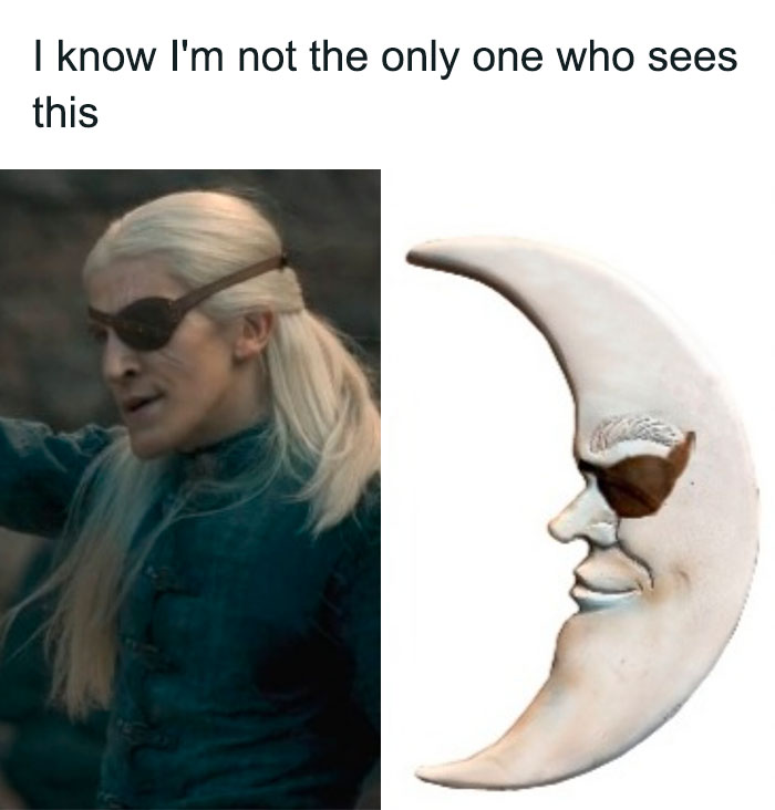Side-by-side image showing a character from House of the Dragon and a crescent moon with similar eyepatch feature.