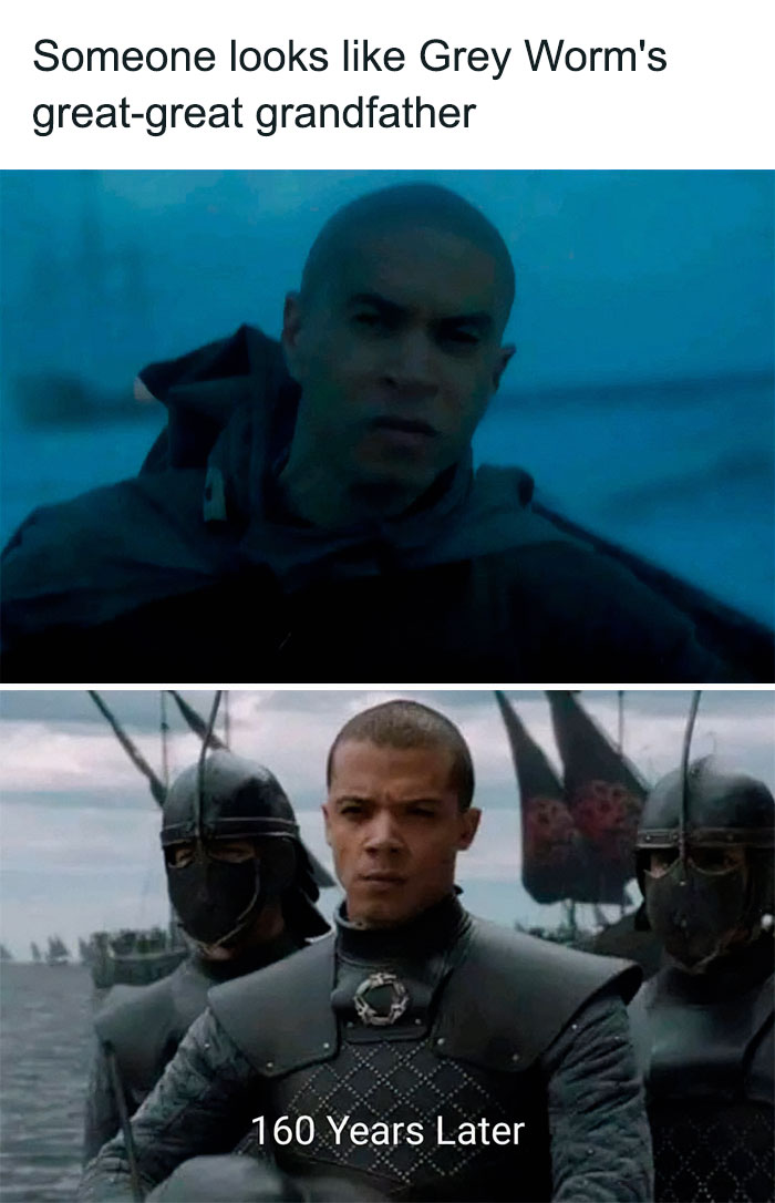 "Two scenes depicting Grey Worm lookalike joke; 'House of the Dragon' meme humor with time jump reference."