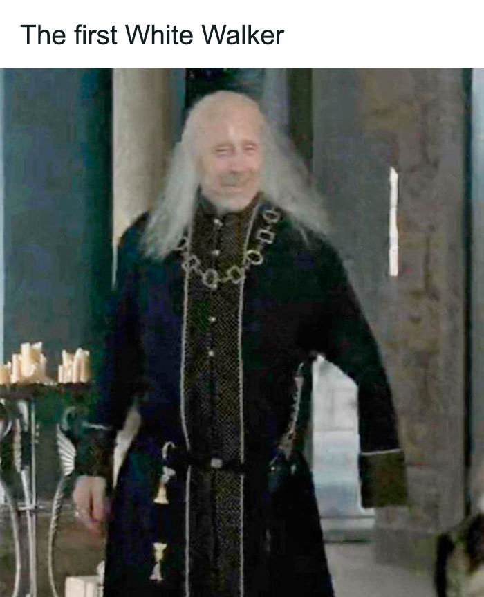 A humorous "House of the Dragon" meme featuring a character compared to the first White Walker.