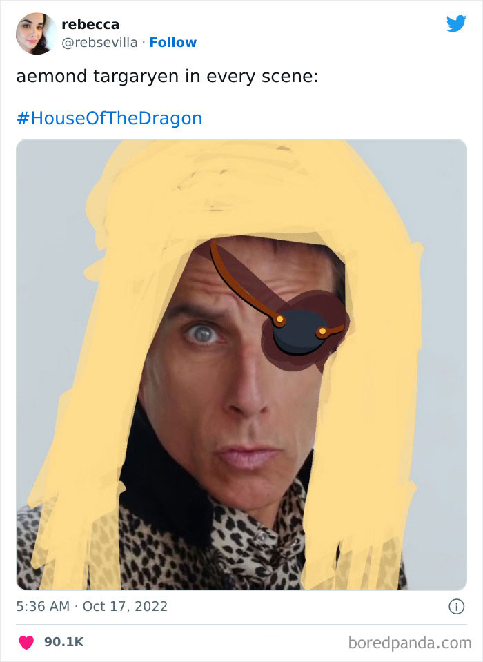 A comedic House of the Dragon meme featuring a character with drawn blonde hair and eye patch.