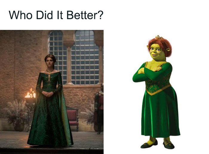 "Comparison of a House of the Dragon character and an animated character in green dresses."