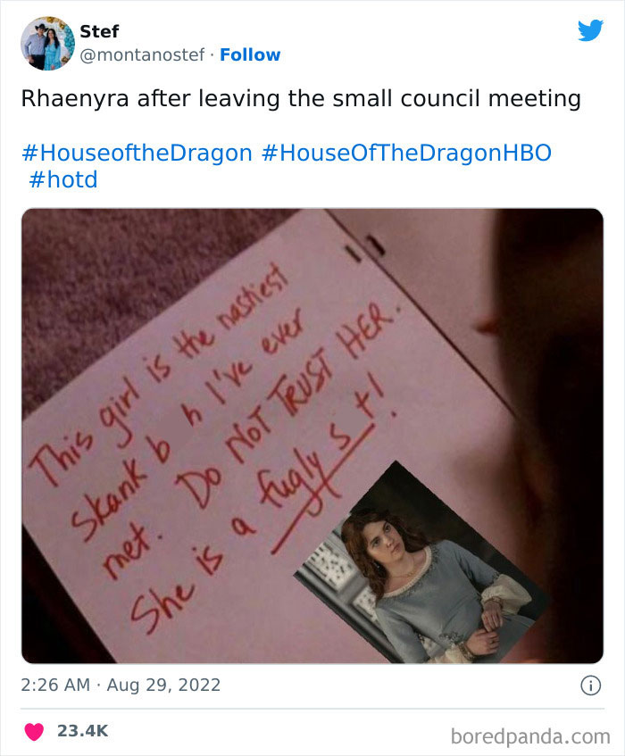 "House of the Dragon meme with a note saying not to trust Rhaenyra, referencing a small council meeting."