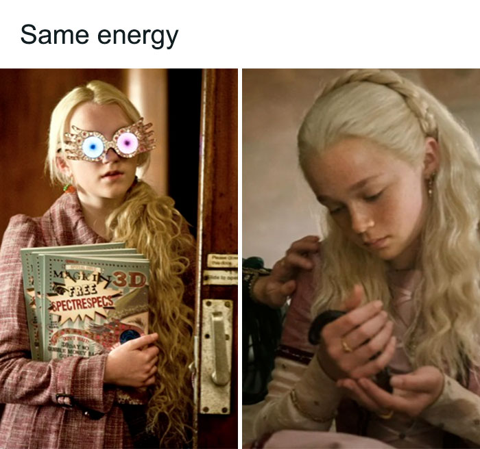 Two characters with long blonde hair exude the same energy, inspired by House of the Dragon memes.