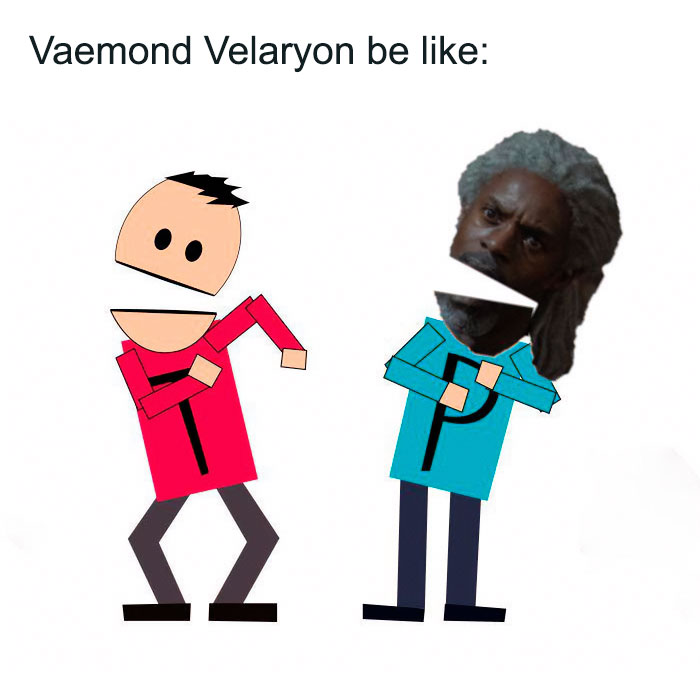 Cartoon characters mimicking Vaemond Velaryon from House of the Dragon in a humorous meme style.