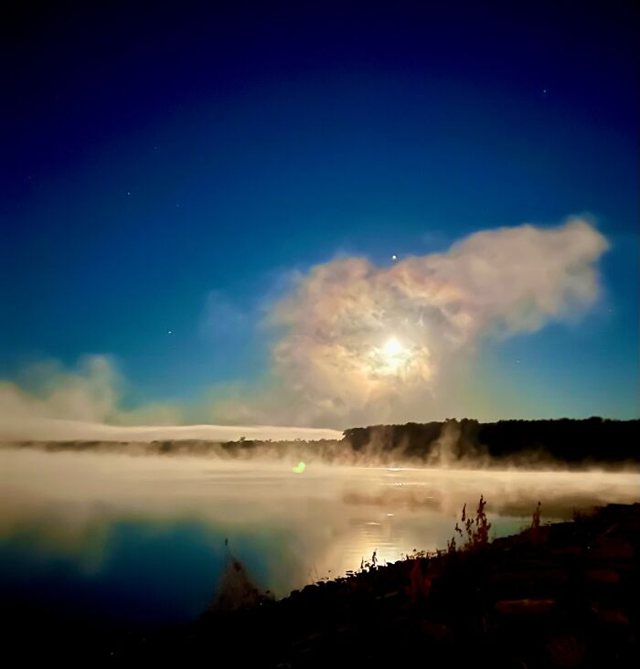 Moon Setting Over The Illinois River, First Cold Morning Of The Season