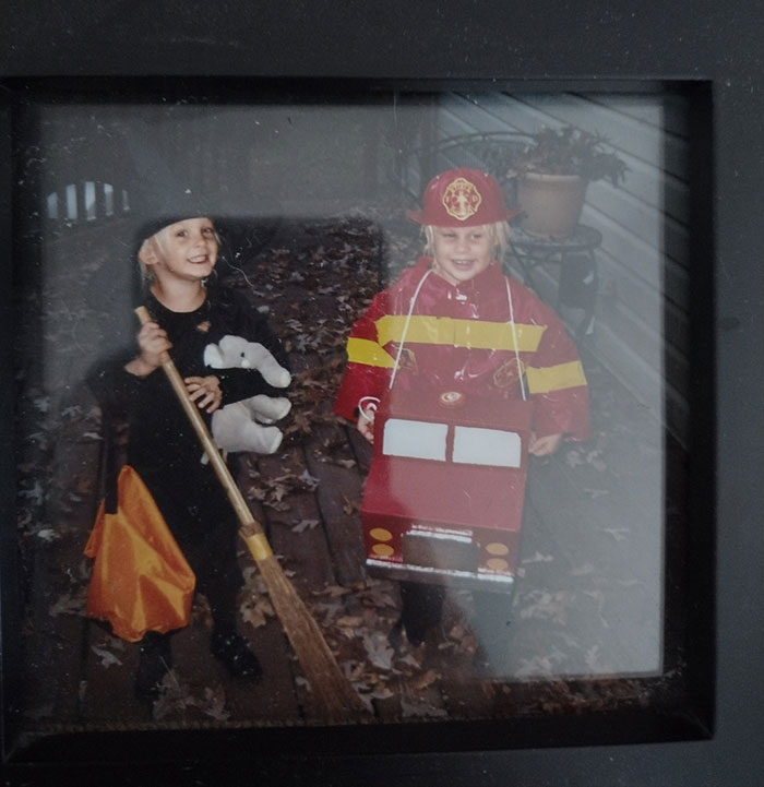 Me, Around Age 5, Dressed As A Firetruck For Halloween. My Sister Is The Witch Beside Me