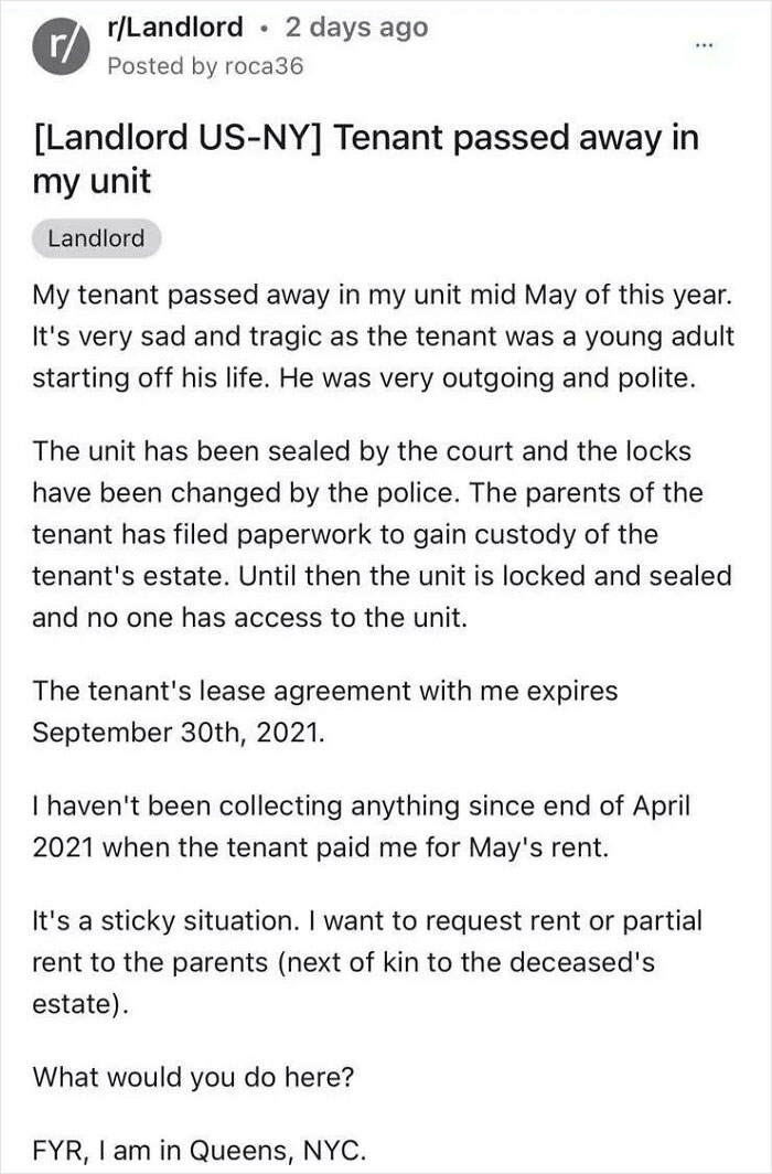 "My Tenant Is Dead. What's The Best Way To Gouge Money From His Bereaved Family?"
