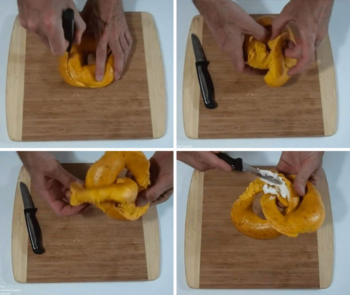 Cómo cortar un pan bagel en dos partes unidas e iguales