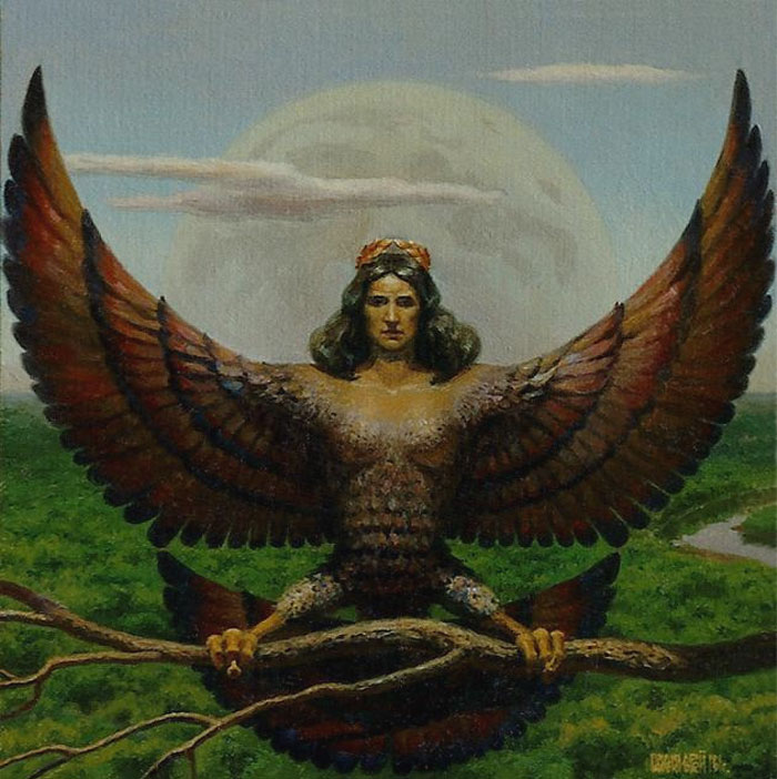 Painting of a Harpy sitting on a branch 