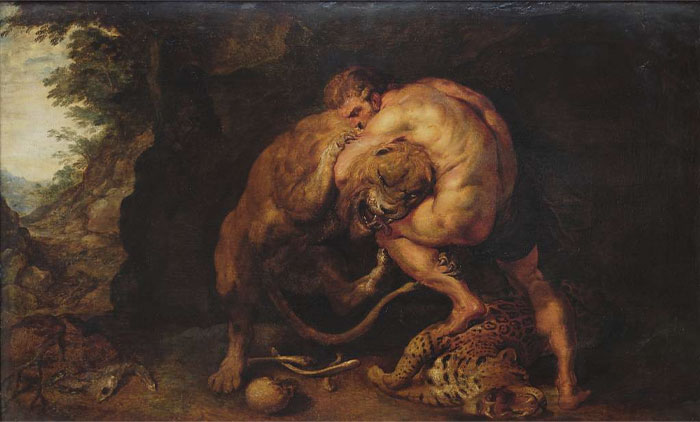 Painting of a Nemean Lion fighting with a man 