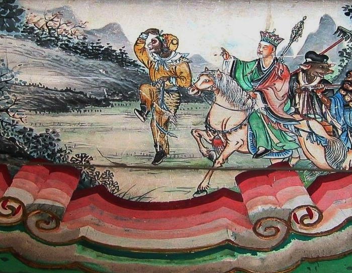 Painting of a Sun Wukong on a horse surrounded by monkeys 