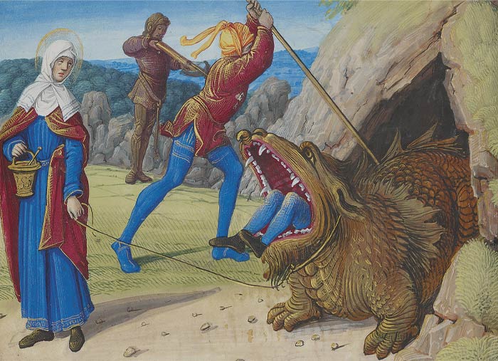 Painting of a Tarasque eating and being tamed by people 
