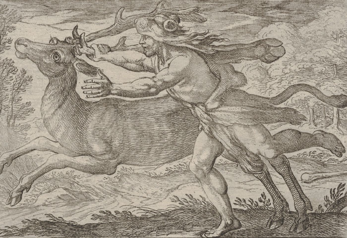 Painting of a Ceryneian Hind being chased by a human 