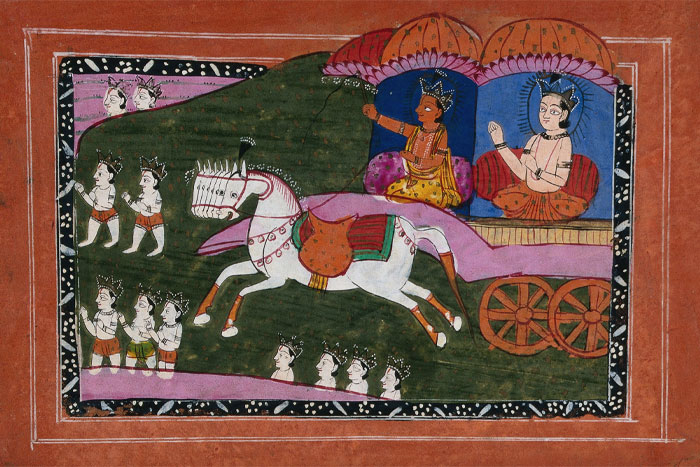 Painting of a Uchchaihshravas pulling multiple people 