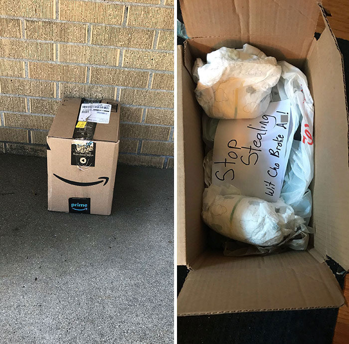 A Days-Worth Of Dirty Diapers For Whoever Keeps Stealing Packages Off Our Porch