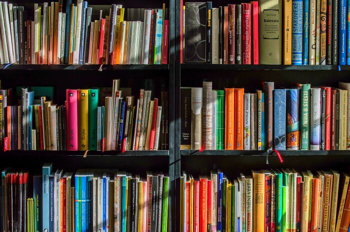 Colorful Books In Library's Shelfs 