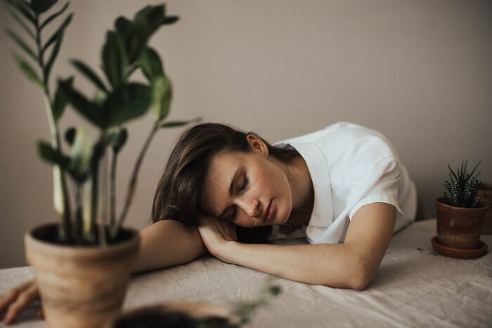 Woman Sleeping On Her Hand On The Table Next To The Plant 