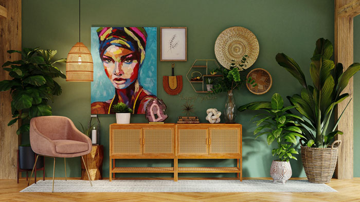 Picture of green room with woman portrait and cupboard