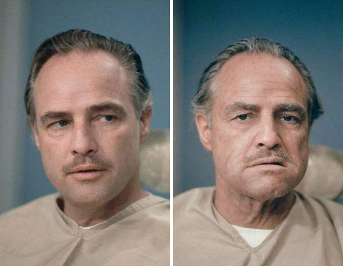 Marlon Brando, antes y después del maquillaje para encarnar a Don Corleone en El Padrino