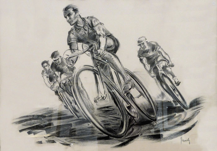 A drawing that depicts four men riding bikes by Jean Jacoby