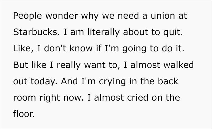 Starbucks Employee Breaks Down In Tears After They’re Scheduled To Work 8 Hours Starbucks Employee Breaks Down In Tears After They’re Scheduled To Work 8 Hours