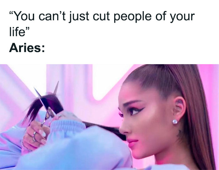 Aries when someone says that they can't just cut people of their life Ariana Grande cutting her hair meme