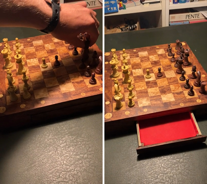 Tablero de ajedrez con un compartimento secreto que solo se abre cuando se realiza la jugada correcta