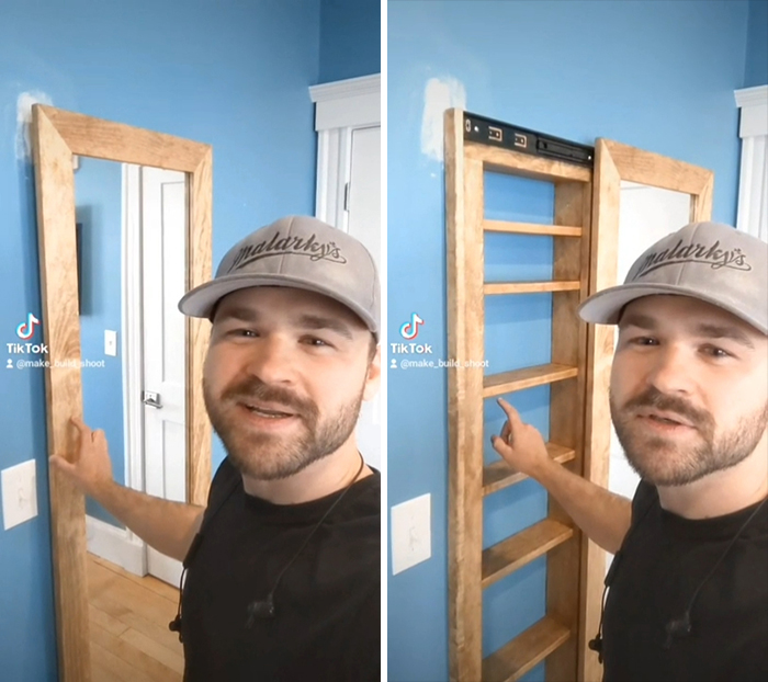 I Built Some Hidden Storage In A Wall Behind A Sliding Mirror