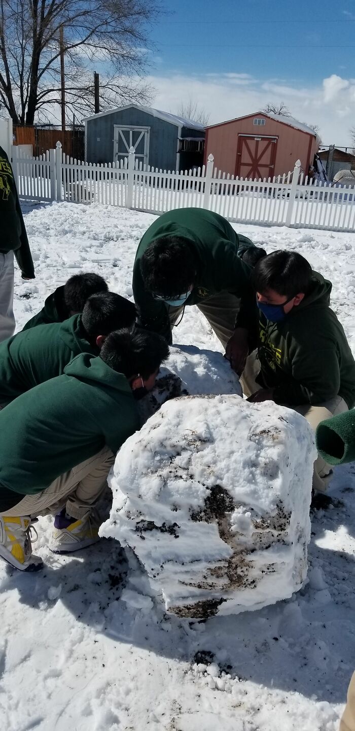 My Son And Fellow Classmates Having A Nice Snowman Building Competition With The Girls During Recess. As You Can See Only My Sons Face Is Showing