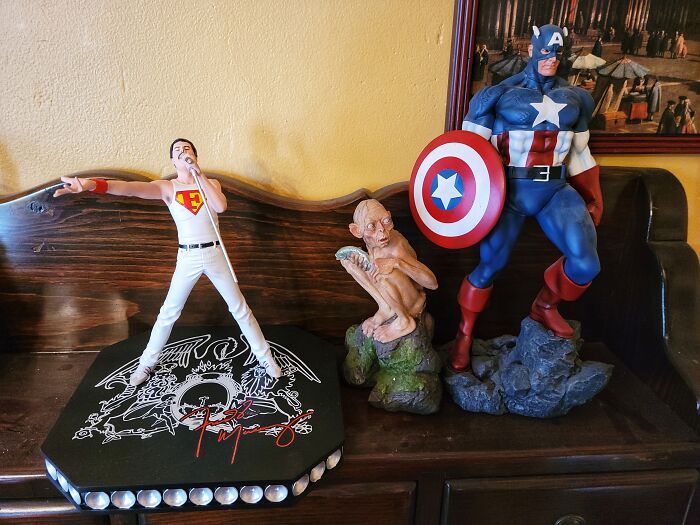 Among My Treasures, Here's My Freddie Mercury, Captain America, And Gollum Statuettes