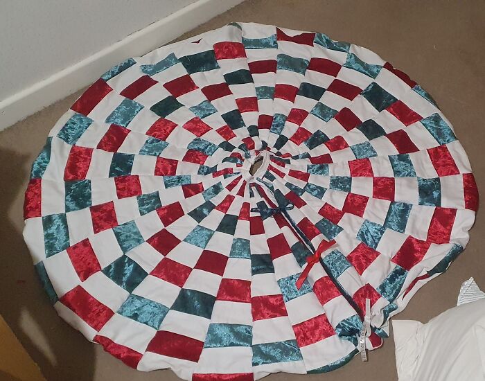 I Wanted A New Tree Skirt For This Years Candy Cane Tree, I Made This This Week, From 2 Cusions Covers And A Old Duvet Cover (Total Cost £2)