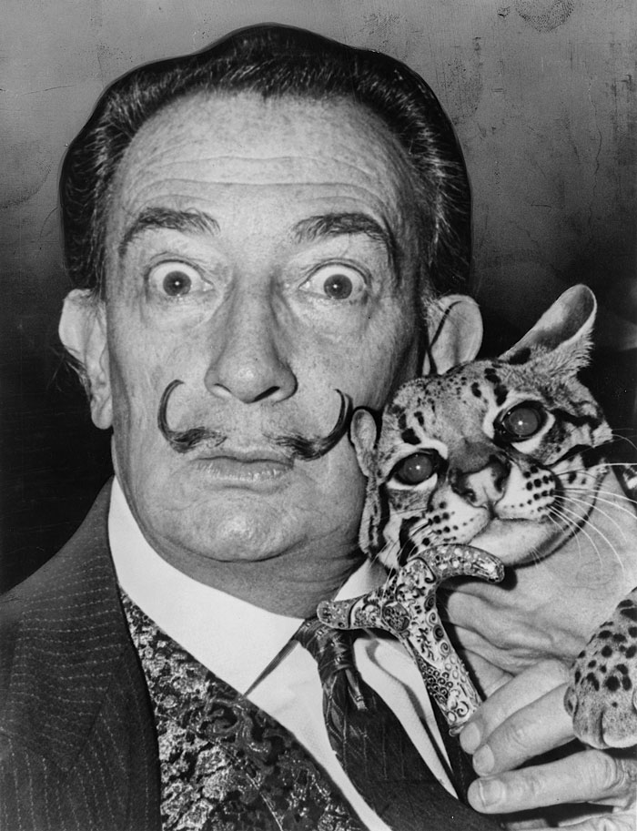 Salvador Dali with his pet ocelot, Babou, and cane by Roger Higgins, 1965