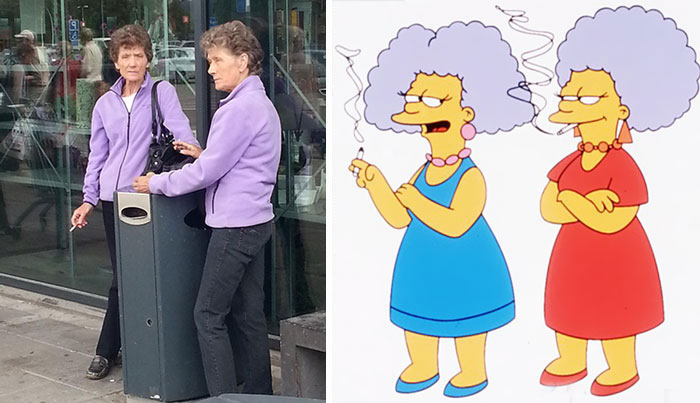 Patty And Selma and similar looking two grandmas smoking near a trash can 