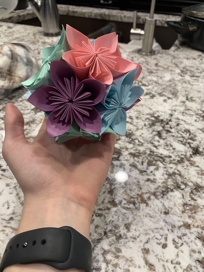 Kusudama Ball I Made :) It Took 60 Pieces Of Paper And Almost 2 Hours Of Folding