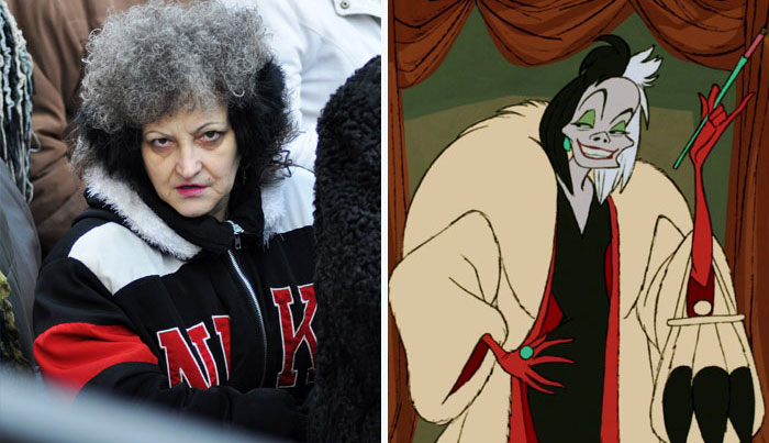 Cruella De Vil and similar looking man with grey hairs 