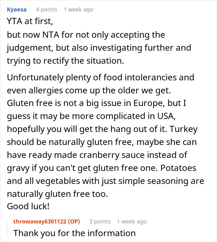 Man refuses to accommodate niece's gluten-free diet for Thanksgiving dinner, as "It was her decision to start a restrictive diet before the holidays."