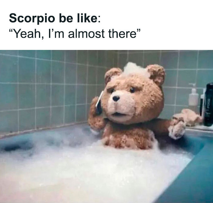 Scorpio saying that they're almost there while being in a bathtub meme