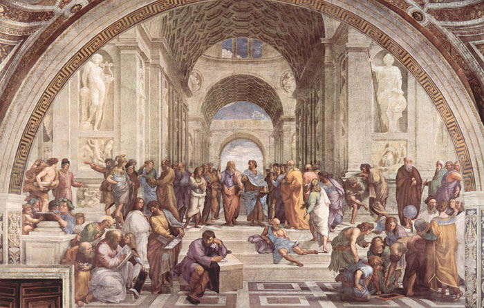 The School of Athens (1509–1511). Fresco, 550 x 770 cm (18 x 25 ft). Raphael Rooms, Apostolic Palace, Vatican City