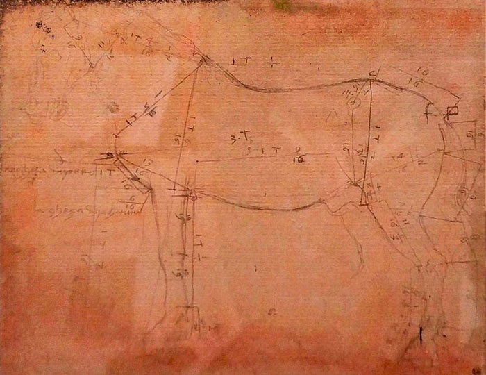 Leonardo da Vinci's study of the proportions of a horse around 1490-1493 Tip of metal or (Pencil on prepared pale pink laid paper)
