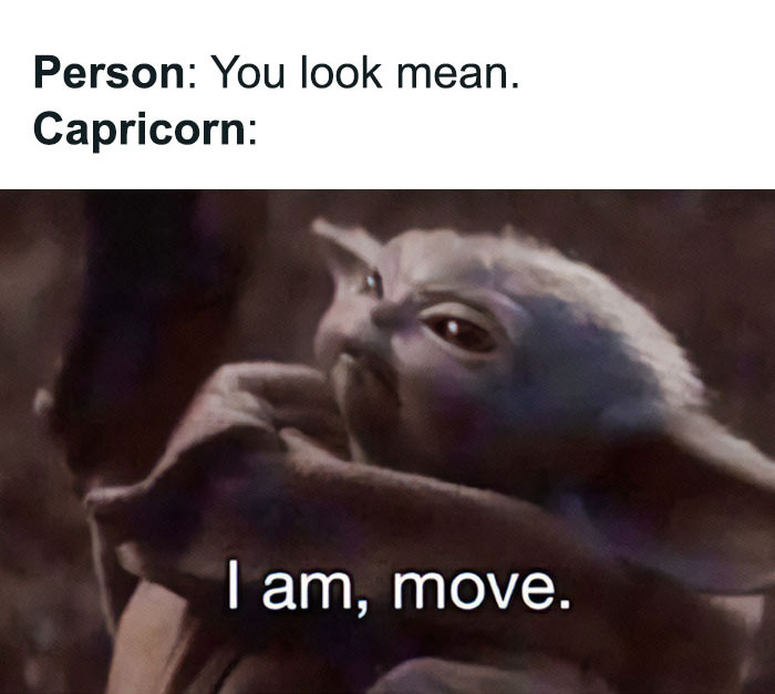 Capricorn looking and being mean baby Yoda meme