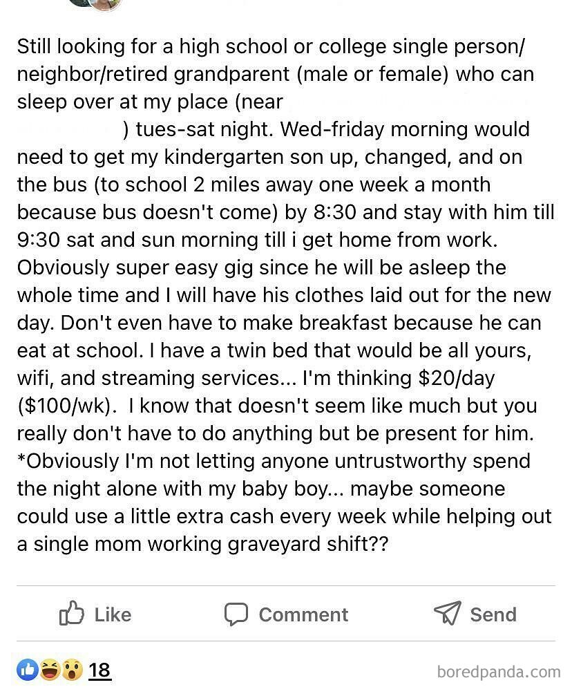 Local Fb Group Mom Wants To Pay $100 A Week For Babysitting Overnight And Getting Child To School