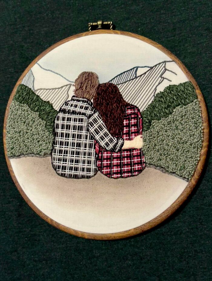 I Made This As A Wedding Present For The Couple Pictured Based On One Of Their Engagement Photos. The Plaid Shirts Were Fun But Took Forever! Swipe For Closeups And Reference Picture