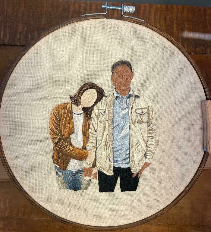 This Was A Fun Hoop To Stitch Because I Was Able To Incorporate One Strand French Knot Detailing— His Hair & Sherpa Lined Jacket Made For The Perfect Opportunity To Bring Texture To The Hoop!